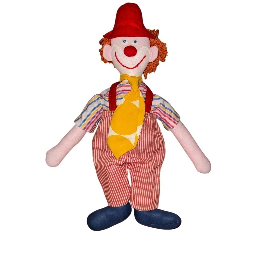 Vintage handcrafted Plush Clown Doll Stuffed Toy Red Hat Overalls 19" rag cloth